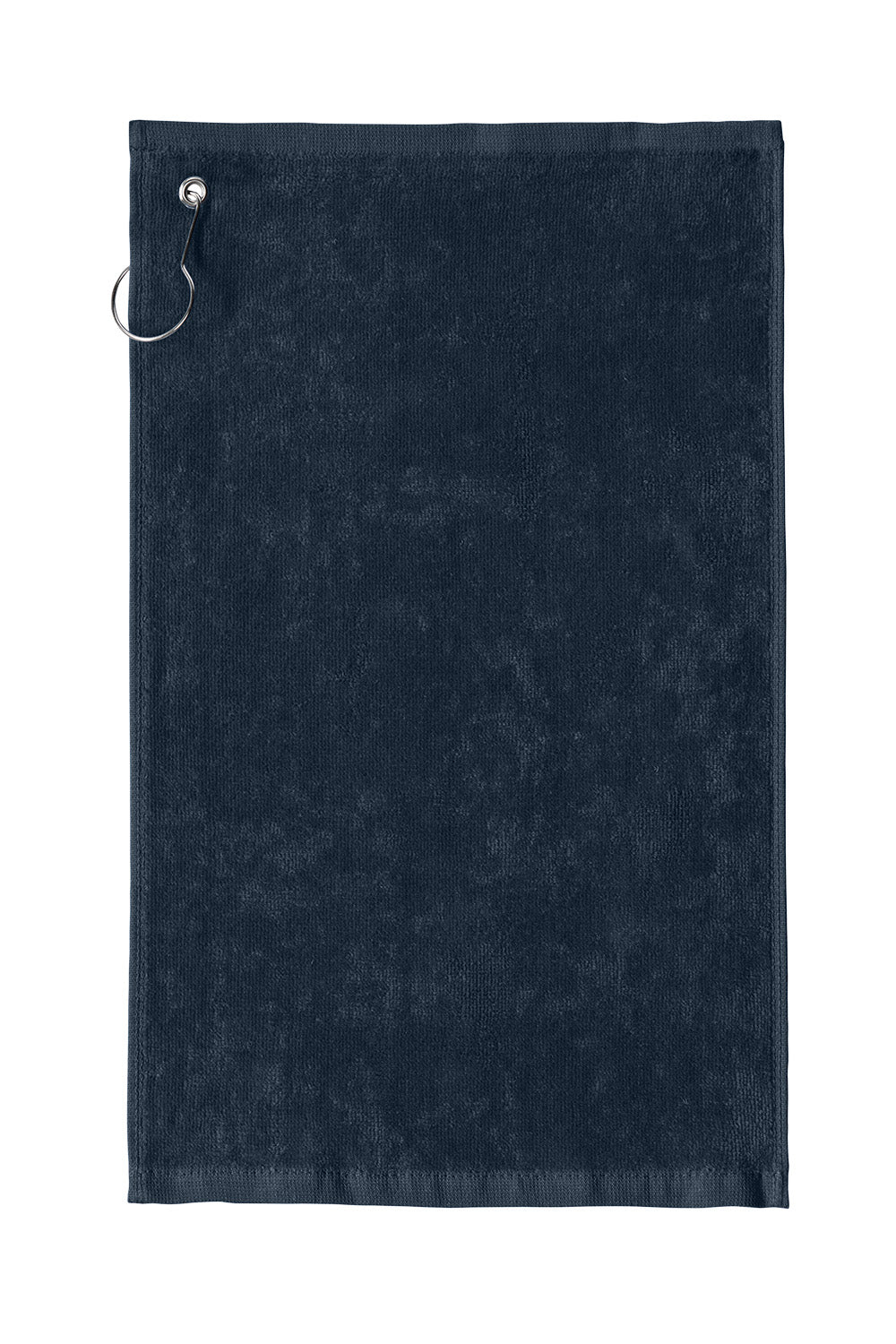 Navy blue towel with a metal clip on a white background. Port Authority Grommeted Hemmed Towel, Embroidered by Helmsman Stitch Co.