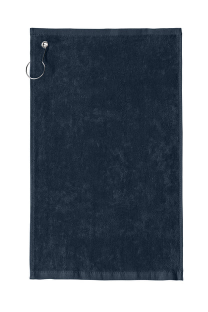 Navy blue towel with a metal clip on a white background. Port Authority Grommeted Hemmed Towel, Embroidered by Helmsman Stitch Co.