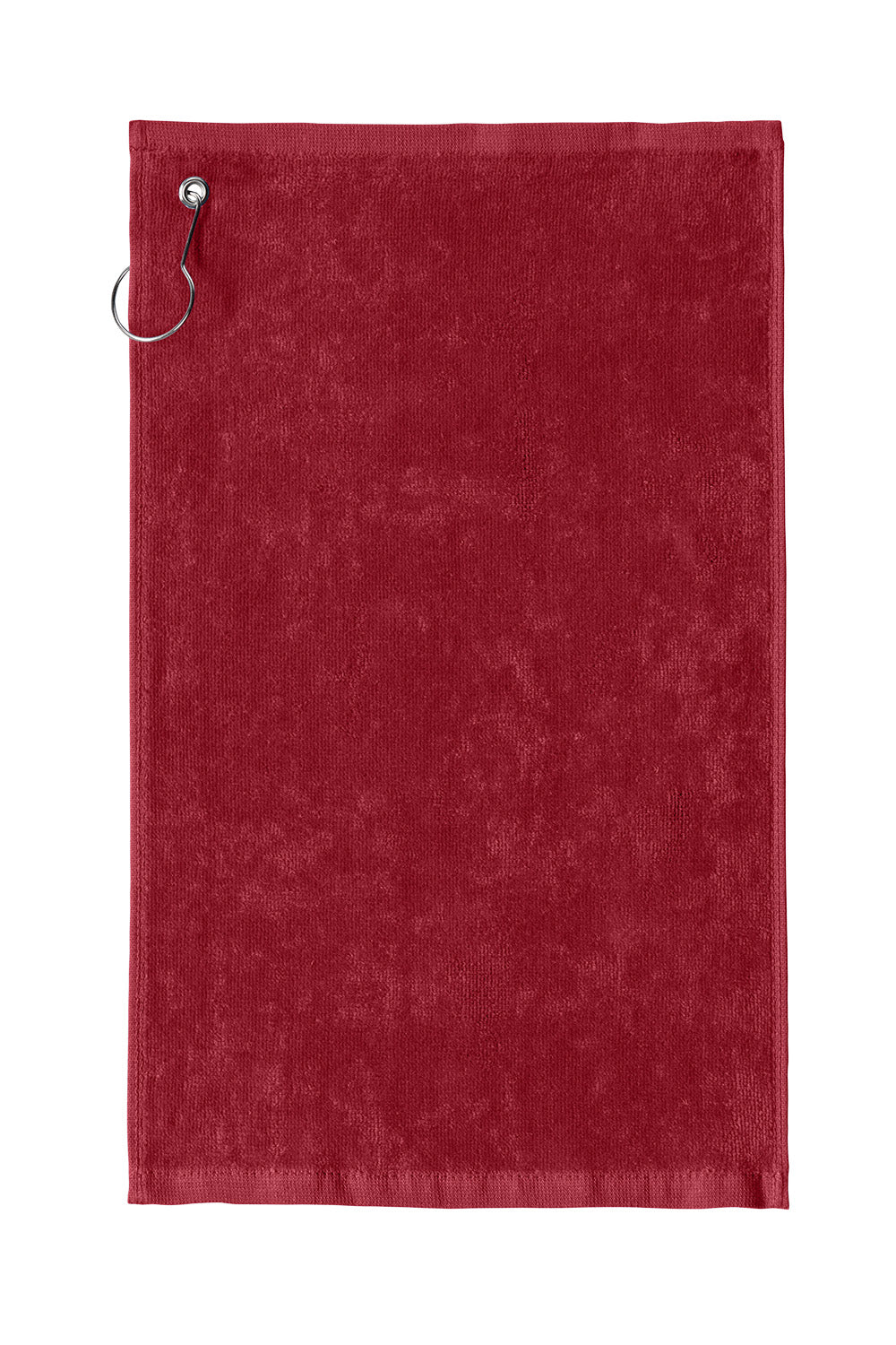 Red towel with a metal clip on a white background. Port Authority Grommeted Hemmed Towel, Embroidered by Helmsman Stitch Co.