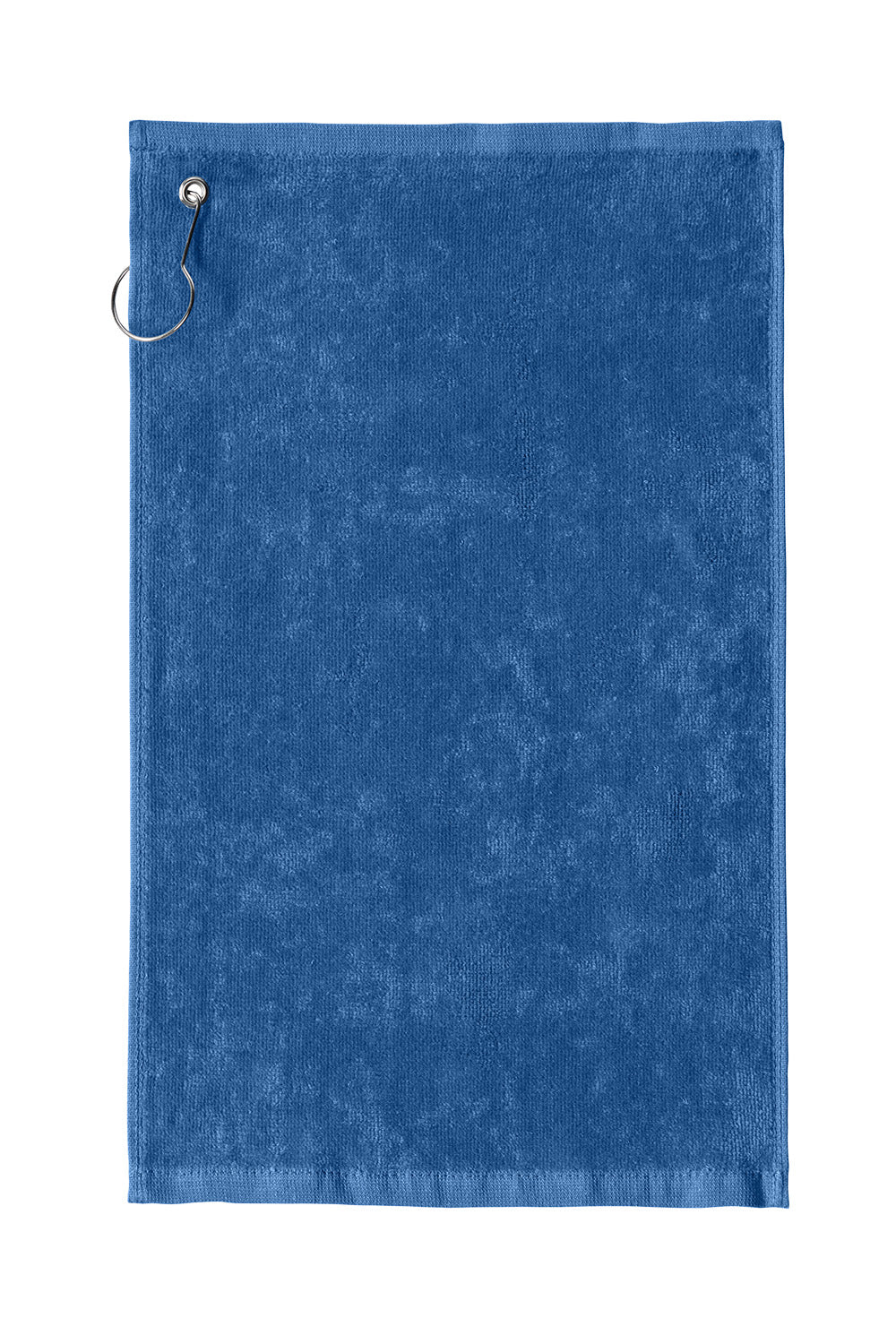 Blue towel with a metal clip on a white background. Port Authority Grommeted Hemmed Towel, Embroidered by Helmsman Stitch Co.