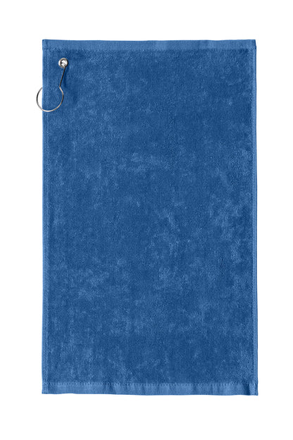 Blue towel with a metal clip on a white background. Port Authority Grommeted Hemmed Towel, Embroidered by Helmsman Stitch Co.