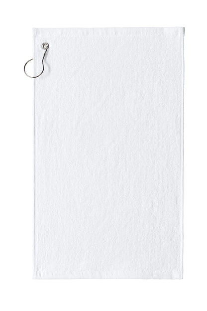White towel with a metal clip on a white background. Port Authority Grommeted Hemmed Towel, Embroidered by Helmsman Stitch Co.