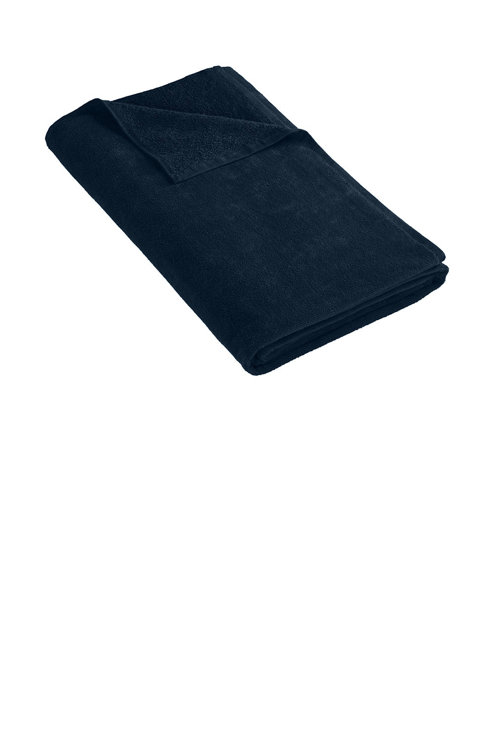 Folded navy blue blanket on a white background. Port Authority® Cabana Beach Towel, Embroidered by Helmsman Stitch Co.