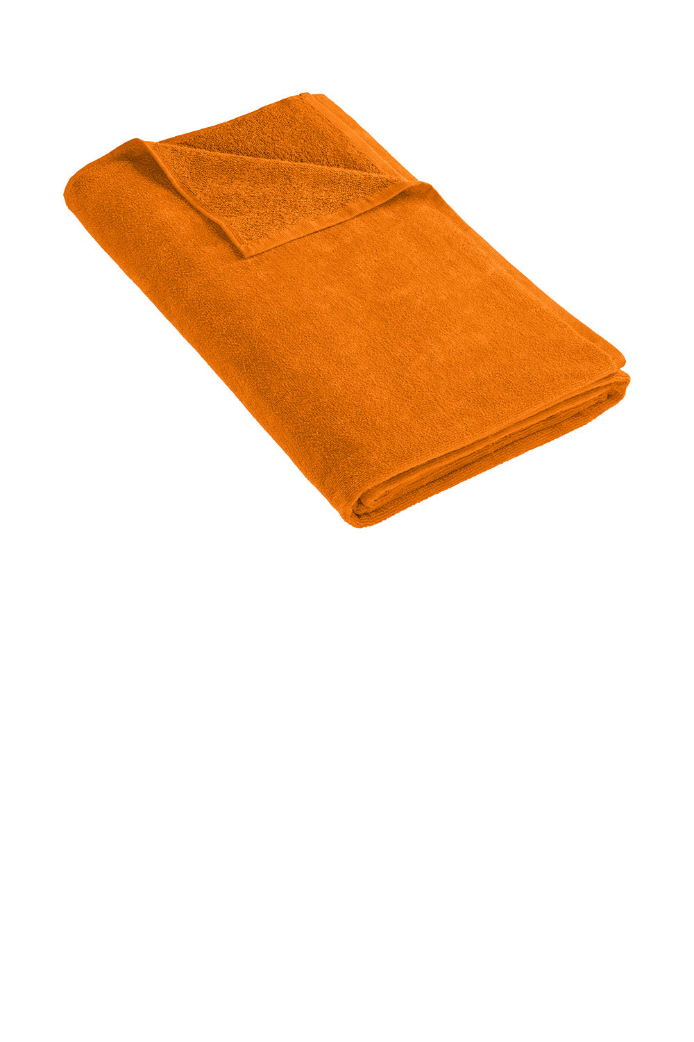 Orange towel folded neatly on a white background. Port Authority® Cabana Beach Towel, Embroidered by Helmsman Stitch Co.