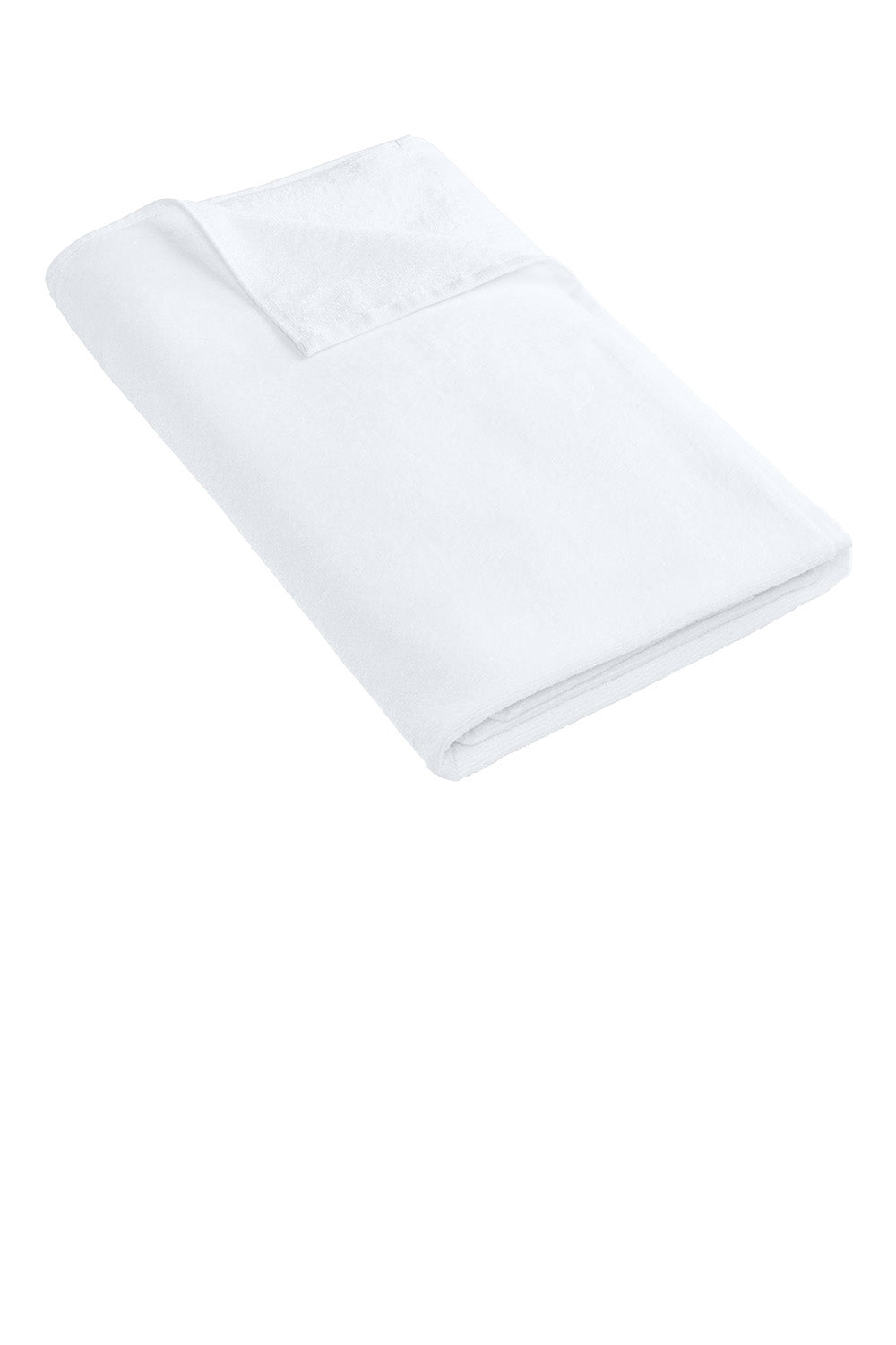White blanket folded on a white background. Port Authority® Cabana Beach Towel, Embroidered by Helmsman Stitch Co.