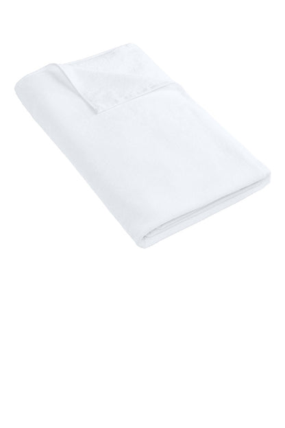 White blanket folded on a white background. Port Authority® Cabana Beach Towel, Embroidered by Helmsman Stitch Co.