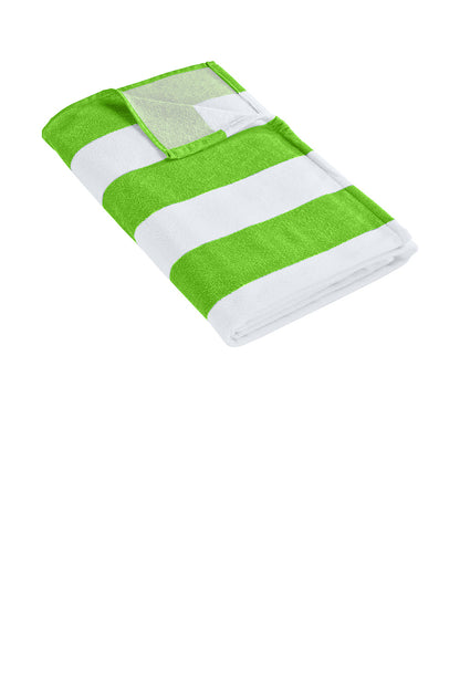 Folded green and white striped towel on a white background. Port Authority® Cabana Stripe Beach Towel, Embroidered by Helmsman Stitch Co.
