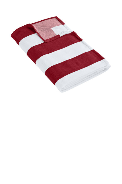Red and white striped towel on a white background. Port Authority® Cabana Stripe Beach Towel, Embroidered by Helmsman Stitch Co.