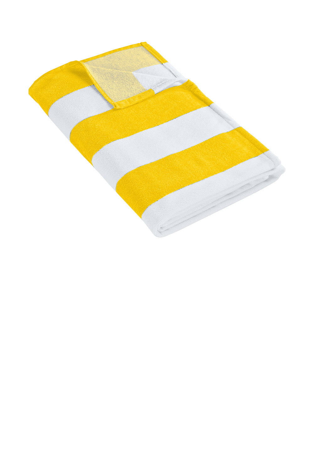 Yellow and white striped towel on a white background. Port Authority® Cabana Stripe Beach Towel, Embroidered by Helmsman Stitch Co.