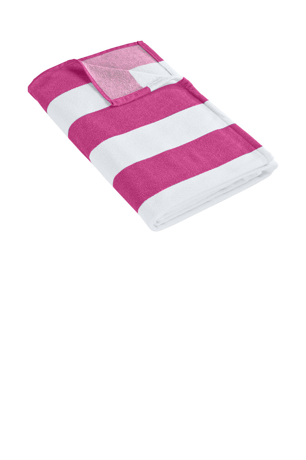 Pink and white striped towel on a white background. Port Authority® Cabana Stripe Beach Towel, Embroidered by Helmsman Stitch Co.