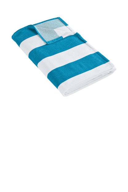 Blue and white striped towel on a white background. Port Authority® Cabana Stripe Beach Towel, Embroidered by Helmsman Stitch Co.