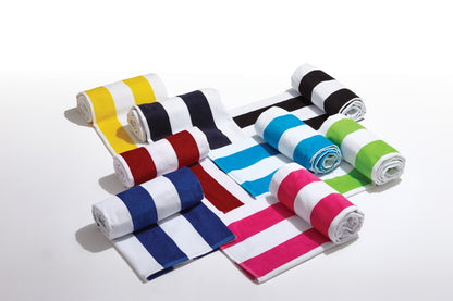 Set of colorful striped towels on a white background. Port Authority® Cabana Stripe Beach Towel, Embroidered by Helmsman Stitch Co.