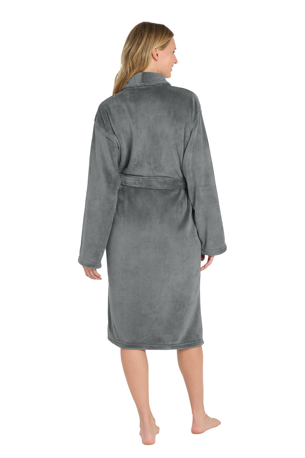 Woman wearing a gray robe on a white background. Port Authority® Plush Microfleece Shawl Collar Robe, Embroidered