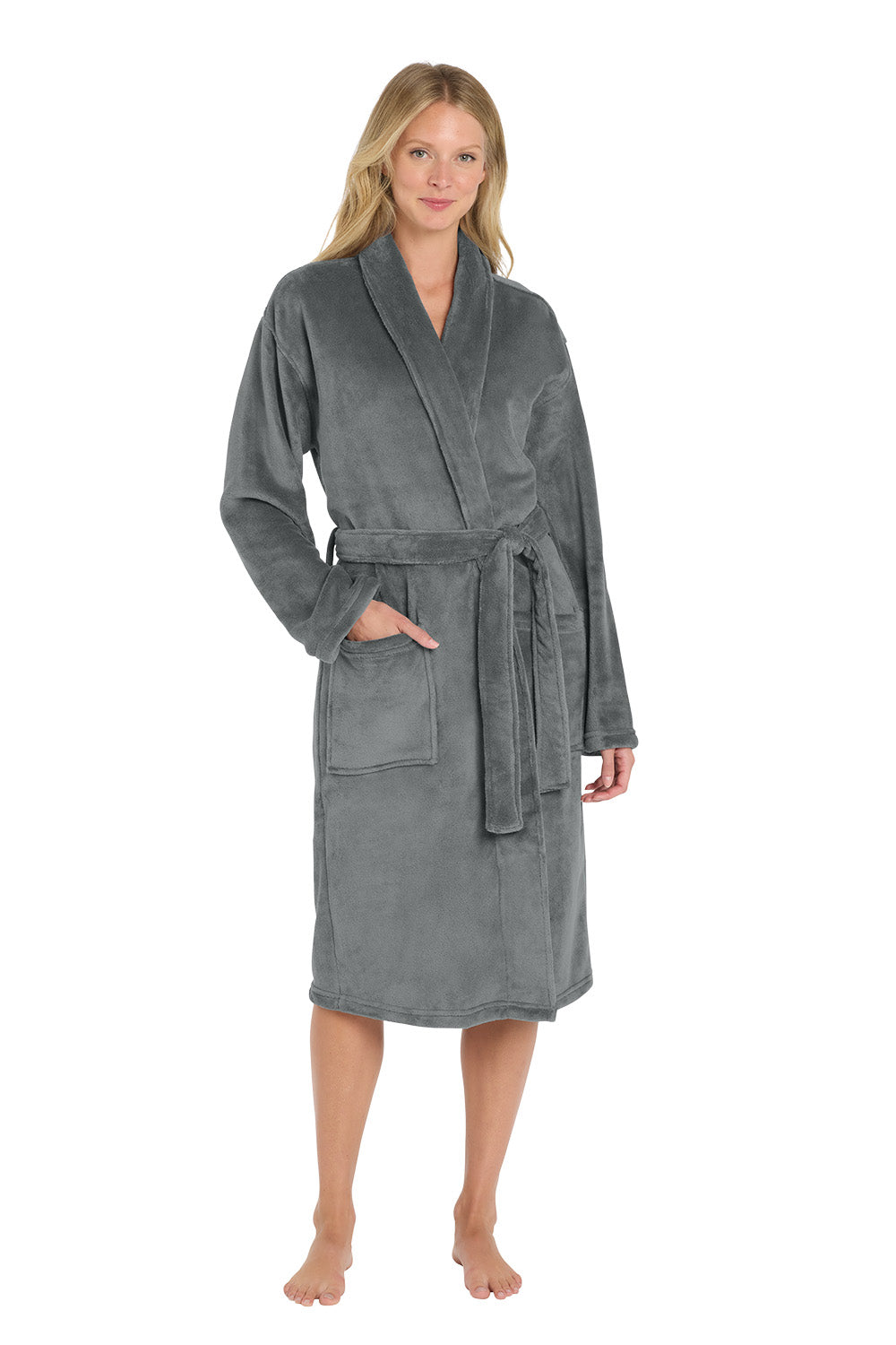 Woman wearing a gray robe with a logo on a white background. Port Authority® Plush Microfleece Shawl Collar Robe, Embroidered