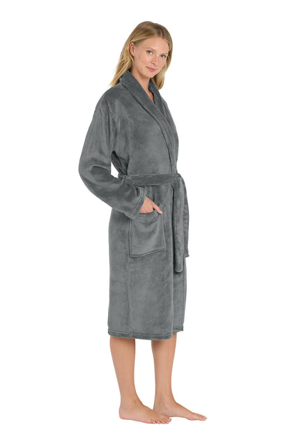 Woman wearing a gray robe on a white background. Port Authority® Plush Microfleece Shawl Collar Robe, Embroidered