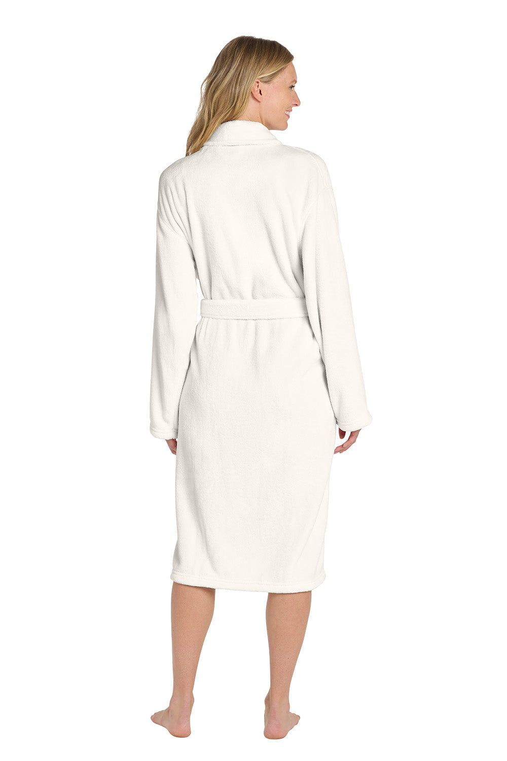 Woman wearing a white robe on a white background. Port Authority® Plush Microfleece Shawl Collar Robe, Embroidered