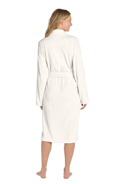 Woman wearing a white robe on a white background. Port Authority® Plush Microfleece Shawl Collar Robe, Embroidered
