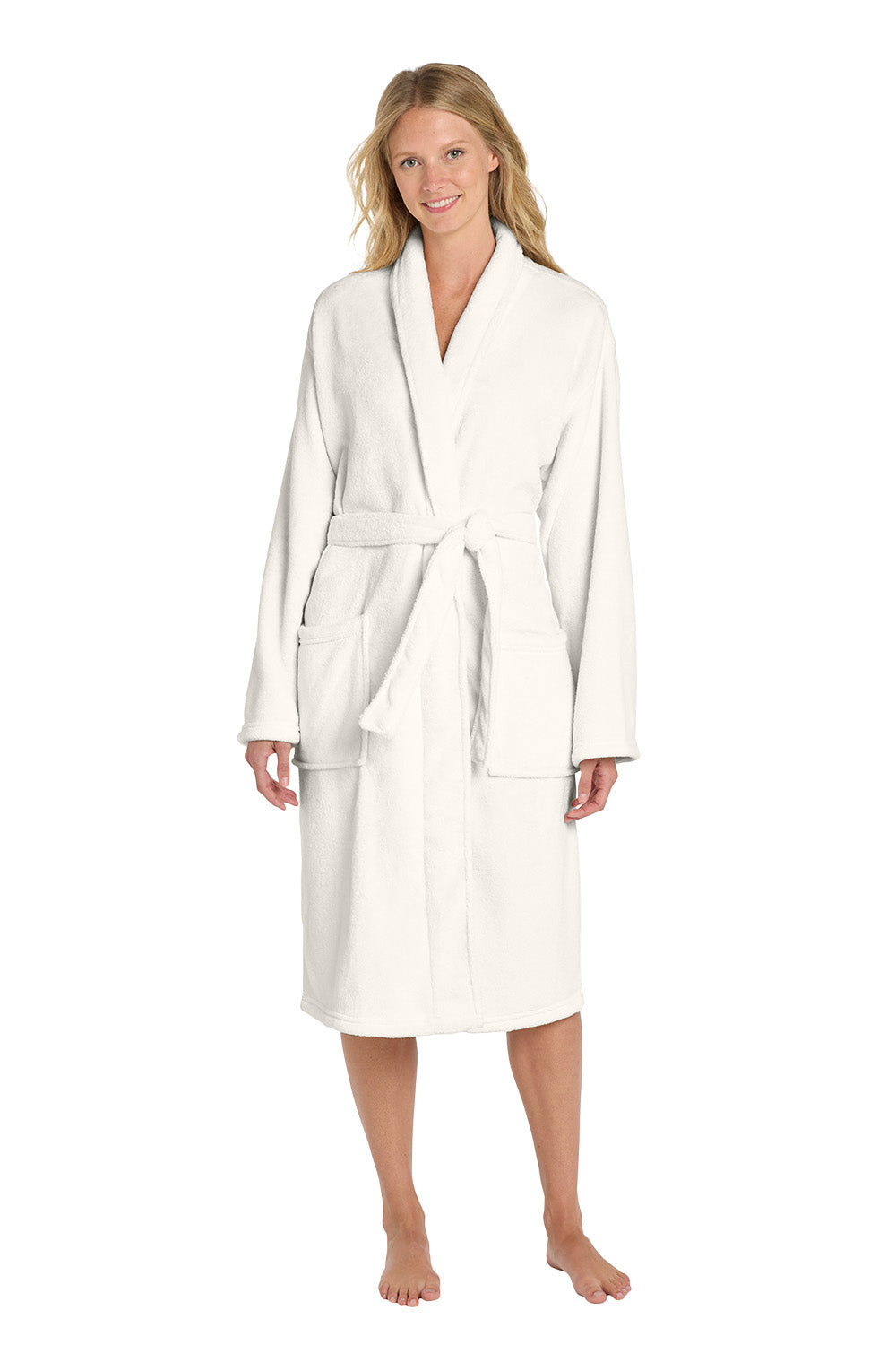 A woman modeling a white bathrobe against a plain white background. Port Authority® Plush Microfleece Shawl Collar Robe, Embroidered
