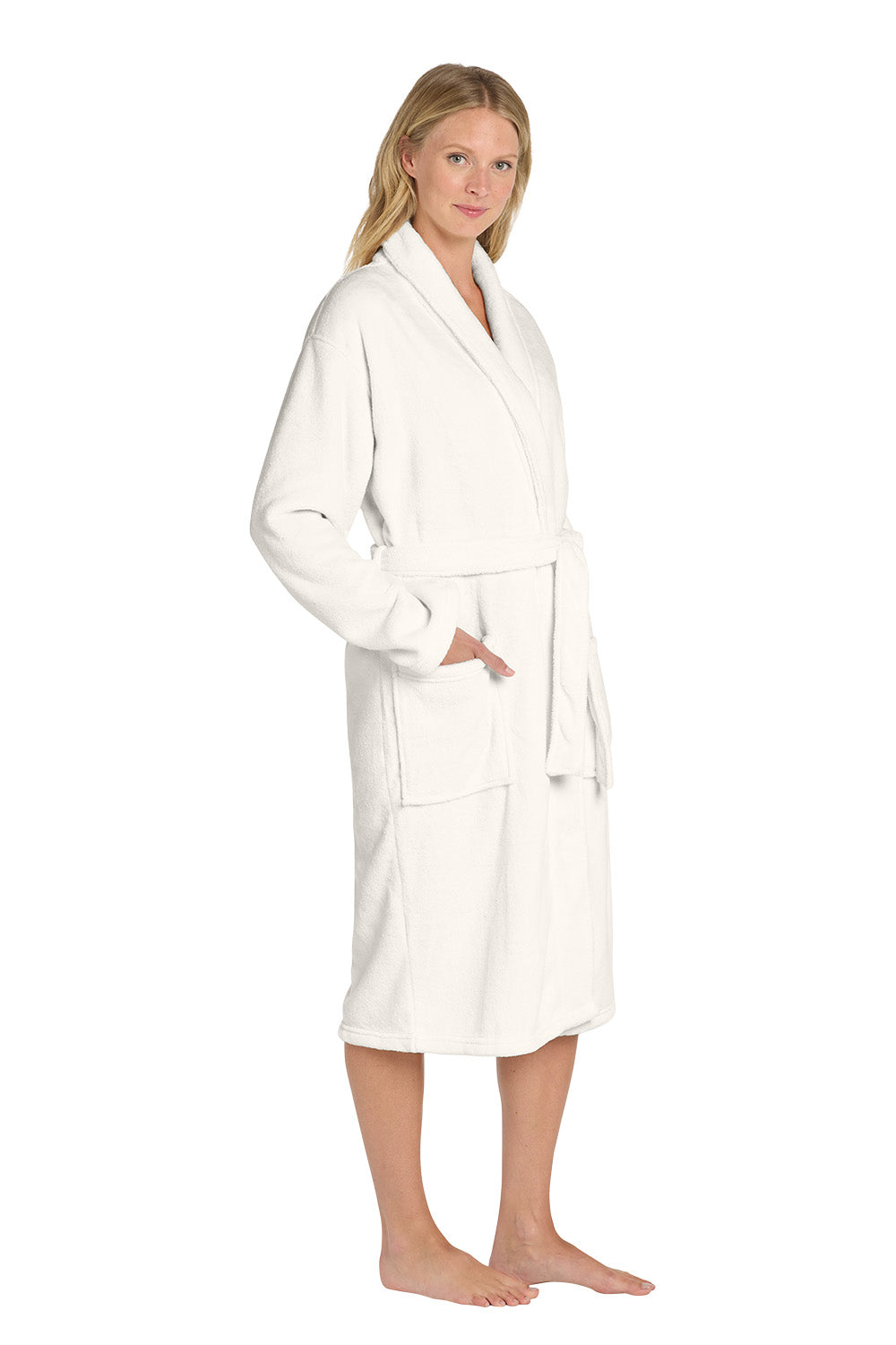 Woman wearing a white robe on a white background. Port Authority® Plush Microfleece Shawl Collar Robe, Embroidered