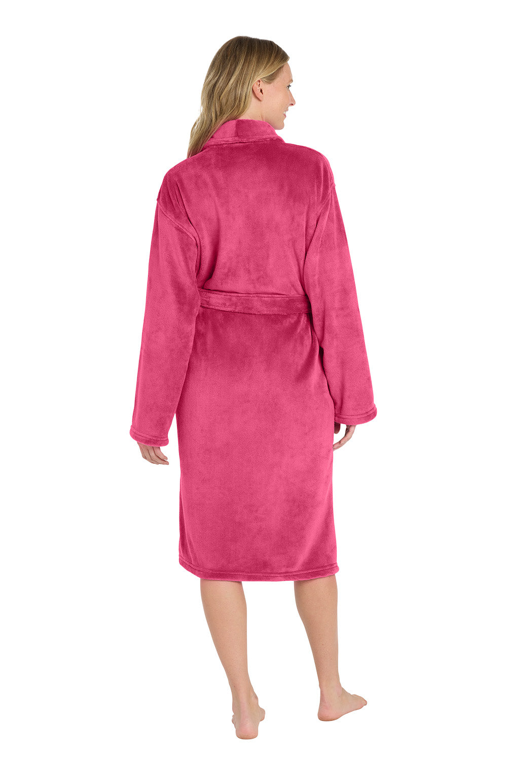 Woman wearing a pink robe on a white background. Port Authority® Plush Microfleece Shawl Collar Robe, Embroidered