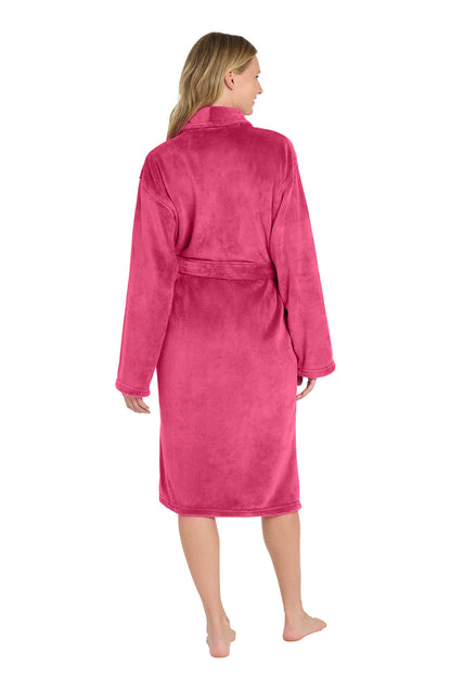 Woman wearing a pink robe on a white background. Port Authority® Plush Microfleece Shawl Collar Robe, Embroidered