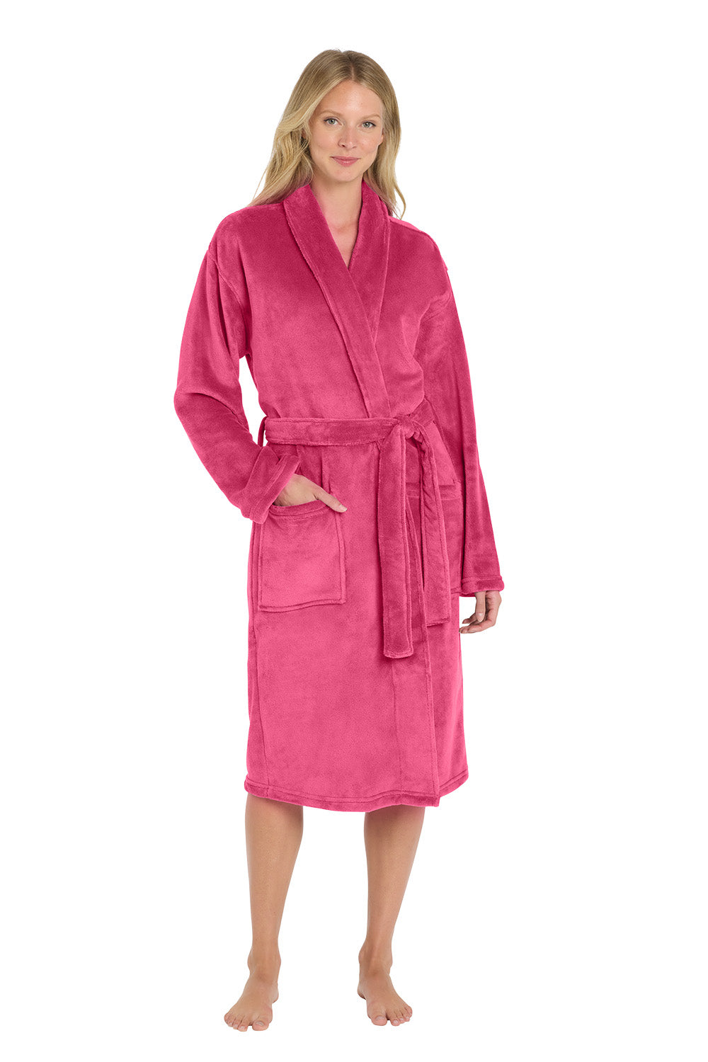 Woman wearing a pink robe with a logo on a white background. Port Authority® Plush Microfleece Shawl Collar Robe, Embroidered