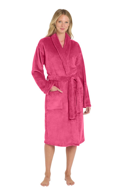 Woman wearing a pink robe with a logo on a white background. Port Authority® Plush Microfleece Shawl Collar Robe, Embroidered