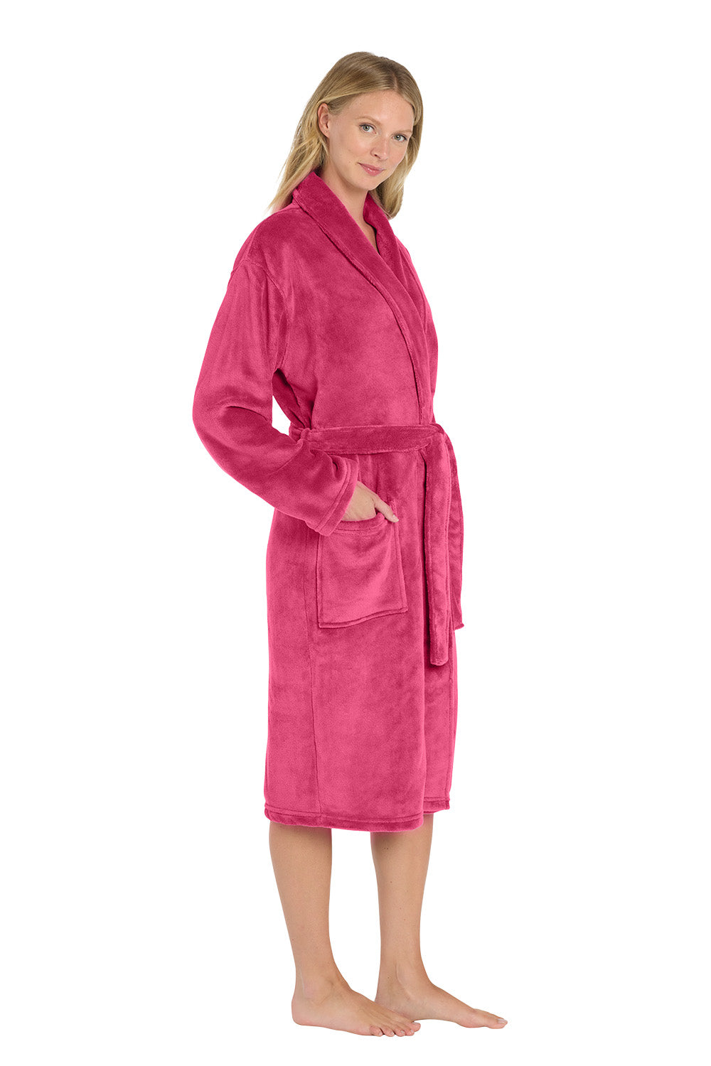Woman wearing a pink robe on a white background. Port Authority® Plush Microfleece Shawl Collar Robe, Embroidered