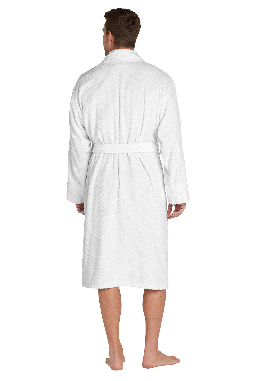 Man wearing a white robe on a white background. Port Authority® Checkered Terry Shawl Collar Robe, Embroidered