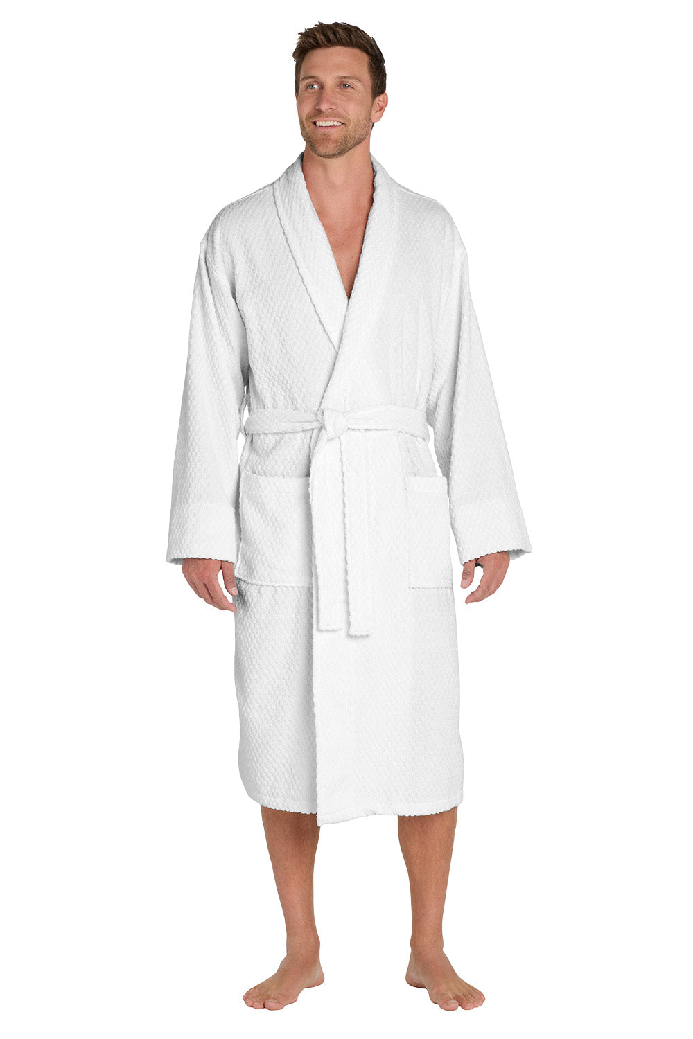 Man wearing a white robe on a white background. Port Authority® Checkered Terry Shawl Collar Robe, Embroidered