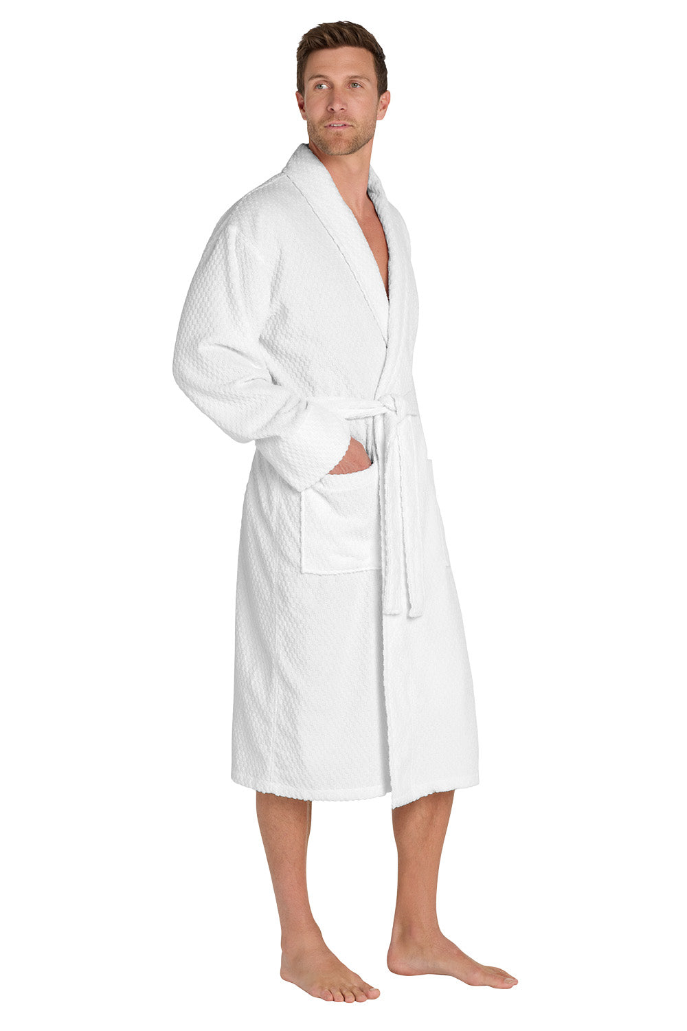 Man wearing a white bathrobe on a white background. Port Authority® Checkered Terry Shawl Collar Robe, Embroidered