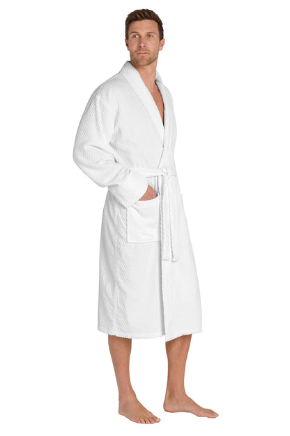Man wearing a white bathrobe on a white background. Port Authority® Checkered Terry Shawl Collar Robe, Embroidered