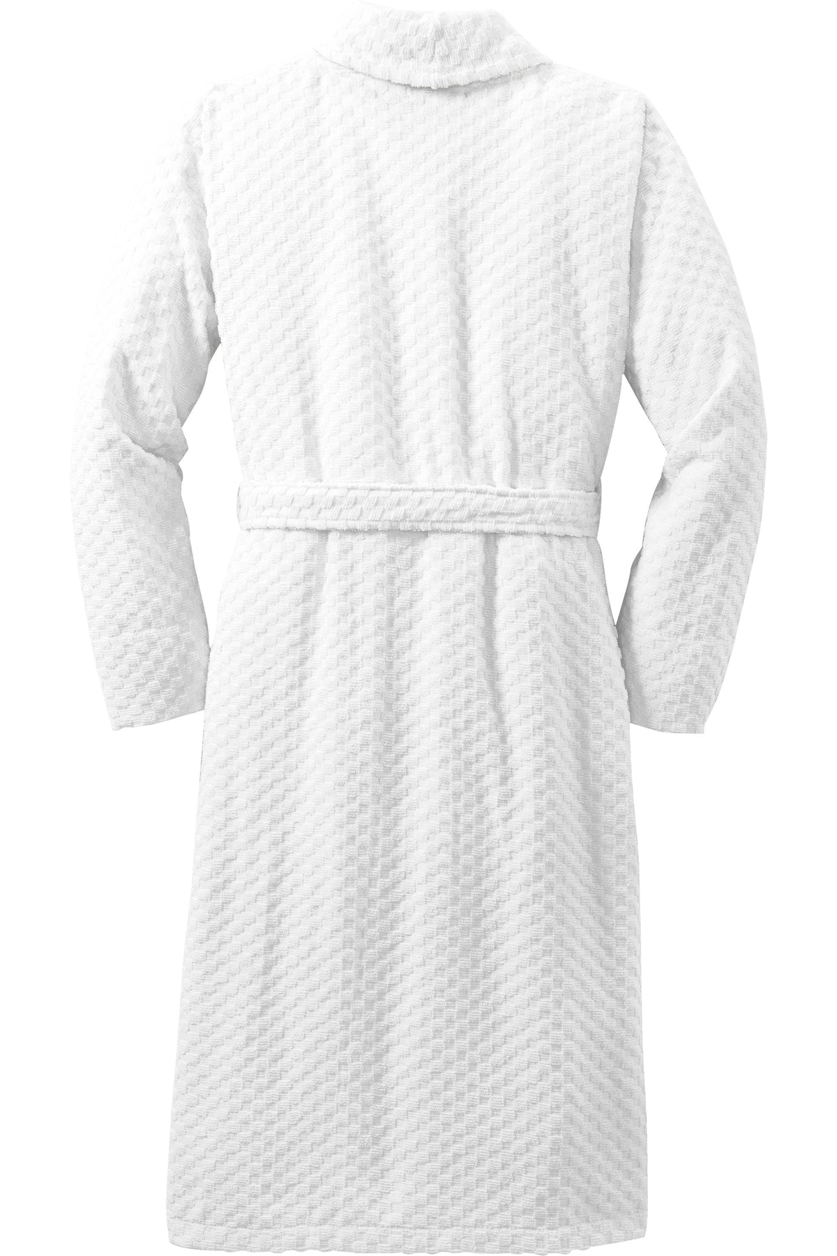 A white textured waffle-weave bathrobe with a matching waist belt, shown from the back on a plain white background. Port Authority® Checkered Terry Shawl Collar Robe, Embroidered