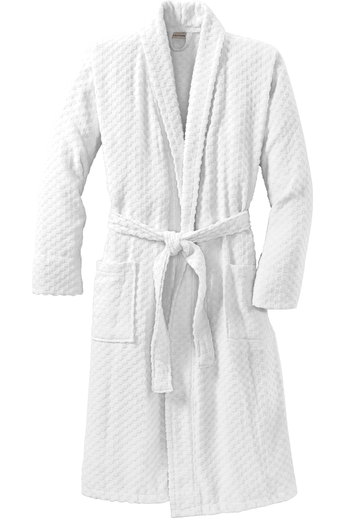 White quilted robe on a white background. Port Authority® Checkered Terry Shawl Collar Robe, Embroidered