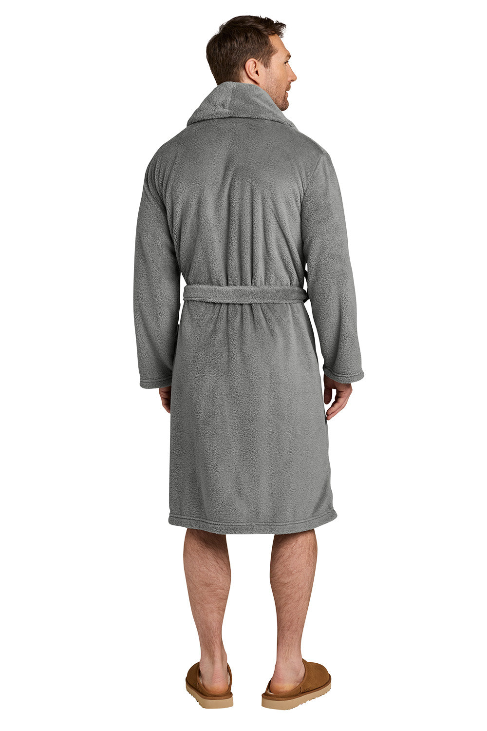 A man wearing a gray plush bathrobe, shown from the back, standing against a plain white background. Port Authority® Dream Plush Robe, Embroidered