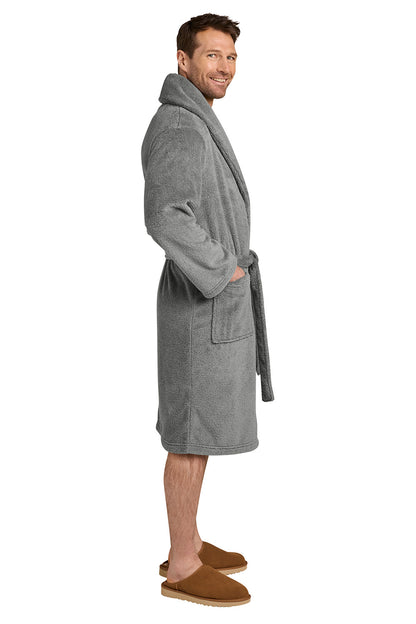 A man wearing a gray plush bathrobe and brown slippers, shown in profile against a plain white background. Port Authority® Dream Plush Robe, Embroidered
