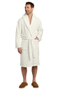 A man wearing a plush white bathrobe with a shawl collar, front patch pockets, and a matching tie belt, standing against a plain white background. He is wearing brown slippers. Port Authority® Dream Plush Robe, Embroidered