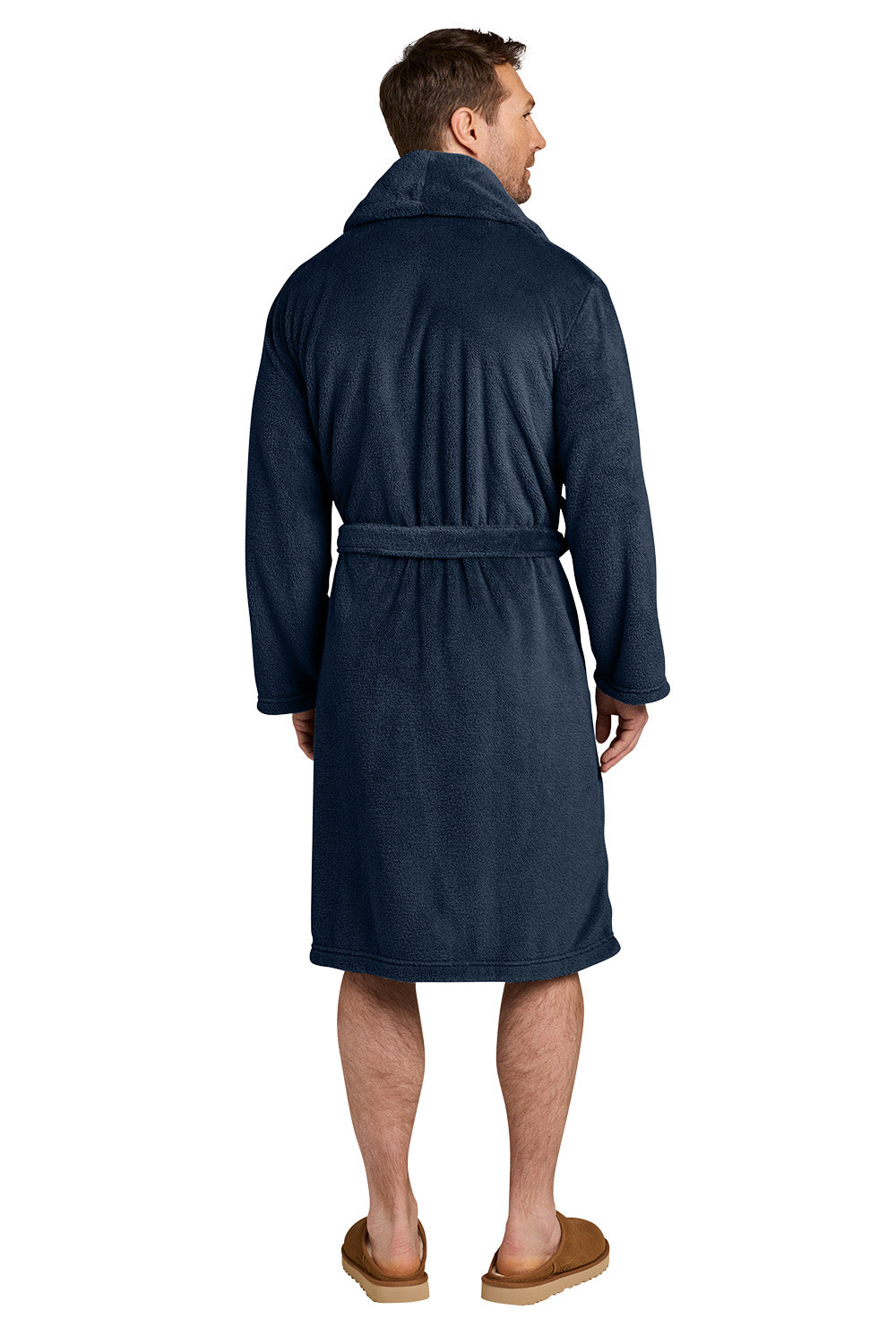 A man wearing a dark navy blue plush bathrobe, shown from the back and side against a plain white background. Port Authority® Dream Plush Robe, Embroidered