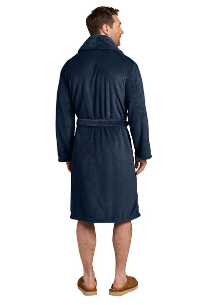 A man wearing a dark navy blue plush bathrobe, shown from the back and side against a plain white background. Port Authority® Dream Plush Robe, Embroidered