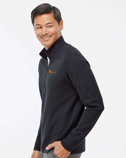 Man wearing a dark gray pullover against a white background. Adidas Men's 3-Stripes Quarter-Zip Sweater Pullover, RAM Logo by Helmsman Stitch Co.