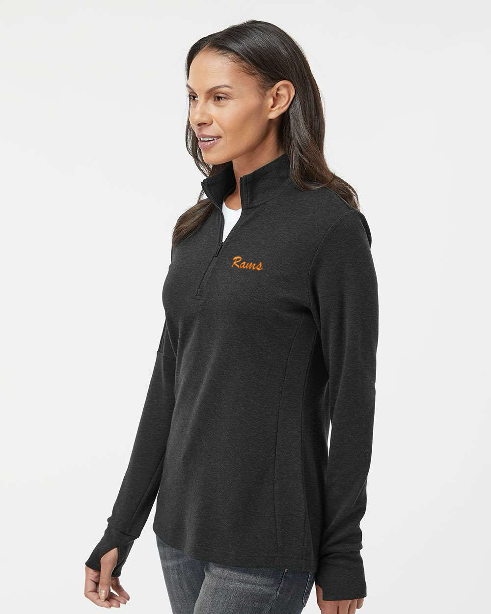 Woman wearing a dark gray long-sleeve top on a white background. Adidas Women's 3-Stripes Quarter-Zip Sweater Pullover, RAM Logo by Helmsman Stitch Co.