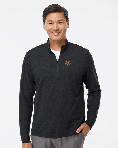Man wearing a black long-sleeve shirt with a quarter zip on a white background. Adidas Men's 3-Stripes Quarter-Zip Sweater Pullover, RAM Logo by Helmsman Stitch Co.