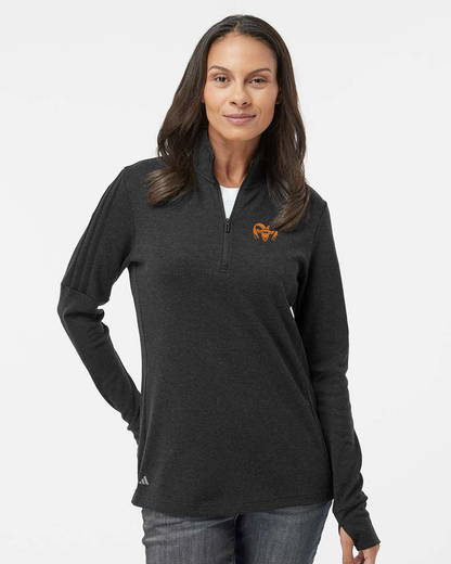 Woman wearing a black long-sleeve shirt with a quarter zip on a white background. Adidas Women's 3-Stripes Quarter-Zip Sweater Pullover, RAM Logo by Helmsman Stitch Co.