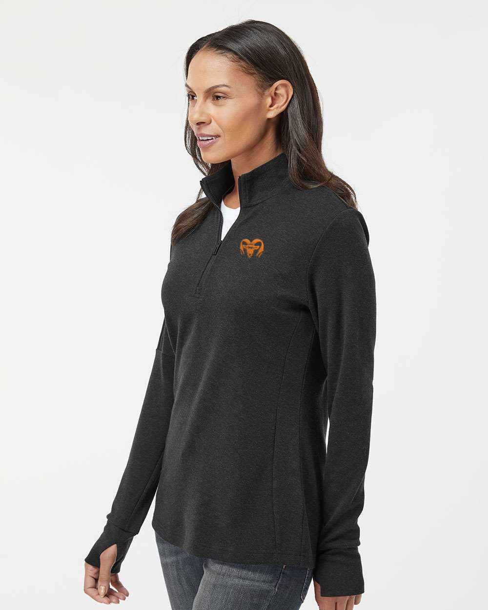 Woman wearing a dark gray long-sleeve top on a white background. Adidas Women's 3-Stripes Quarter-Zip Sweater Pullover, RAM Logo by Helmsman Stitch Co.