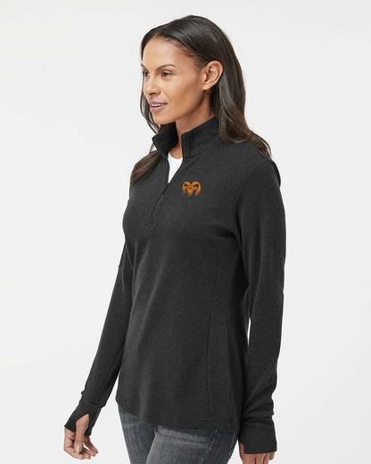 Woman wearing a dark gray long-sleeve top on a white background. Adidas Women's 3-Stripes Quarter-Zip Sweater Pullover, RAM Logo by Helmsman Stitch Co.