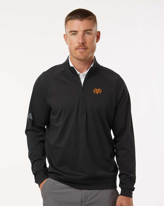 Man wearing a black quarter-zip pullover with a logo on a white background. Adidas Men's Club Quarter-Zip Pullover, RAM Logo by Helmsman Stitch Co.