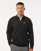 Man wearing a black quarter-zip pullover with a logo on a white background. Adidas Men's Club Quarter-Zip Pullover, RAM Logo by Helmsman Stitch Co.