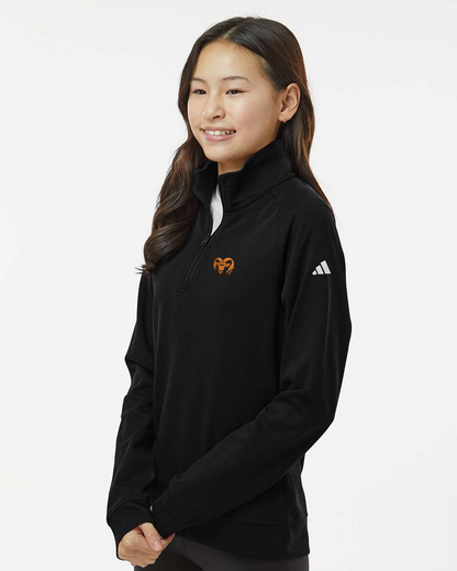 Person wearing a black Adidas sweatshirt on a white background. Adidas Youth Performance Quarter-Zip Pullover, RAM Logo embroidered by Helmsman Stitch Co.