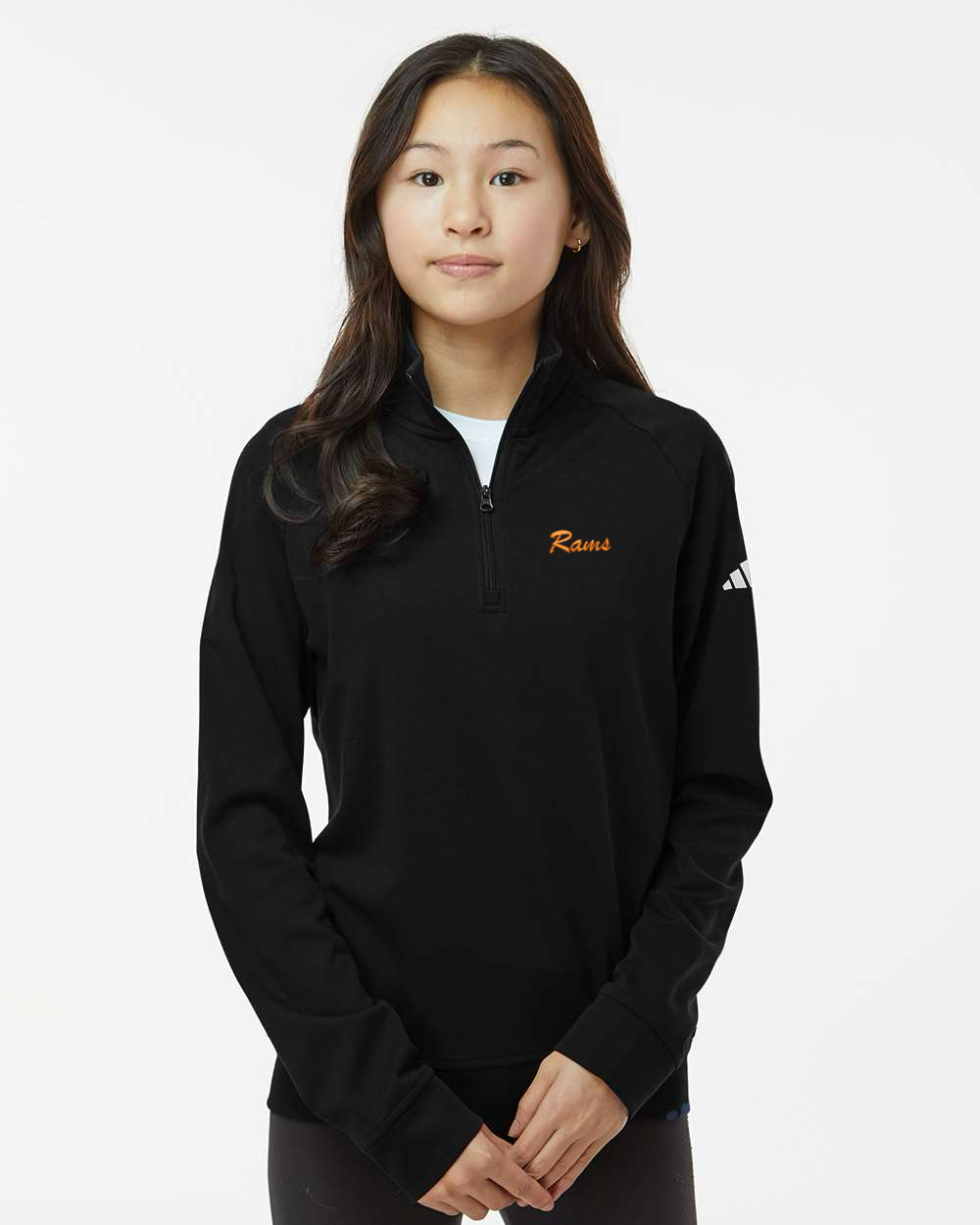 Person wearing a black Adidas long-sleeve shirt on a white background. Adidas Youth Performance Quarter-Zip Pullover, RAM Logo embroidered by Helmsman Stitch Co.