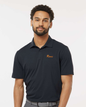 Man wearing a black polo shirt against a white background. Adidas Men's Blended Polo, Rockford RAM Logo embroidered by Helmsman Stitch Co.